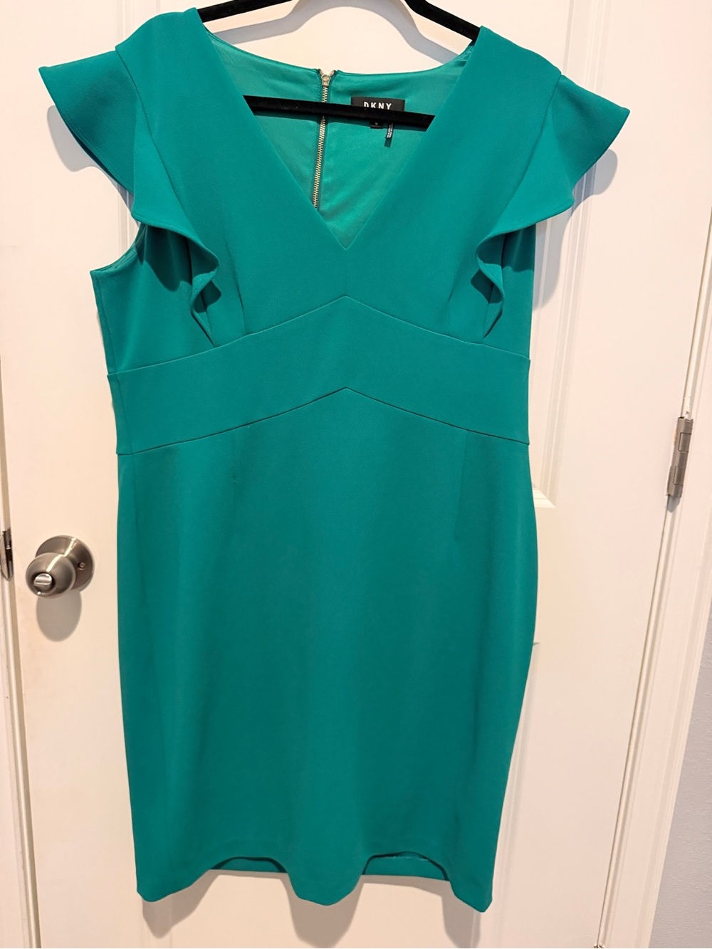 DKNY Teal V-Neck Ruffle Sleeve Midi Dress